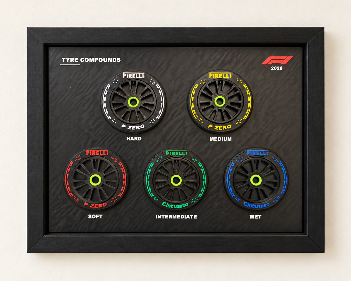BlackWolf 2026 five-tire framed 3D display with neon lime green centers and black frame