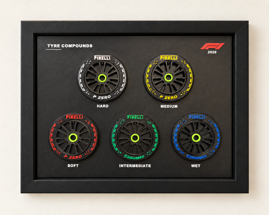 BlackWolf 2026 five-tire framed 3D display with neon lime green centers and black frame