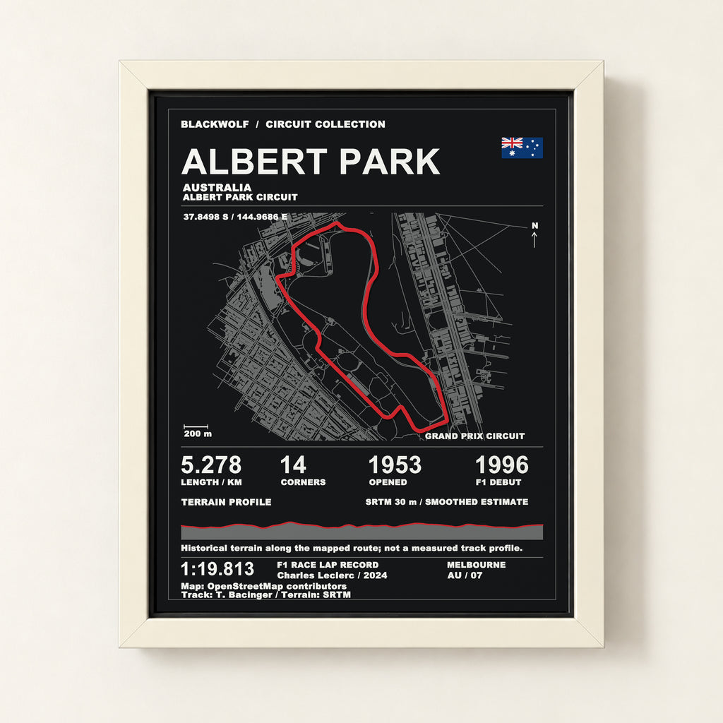 Albert Park 8 × 10 inch circuit art with White frame, digital product representation