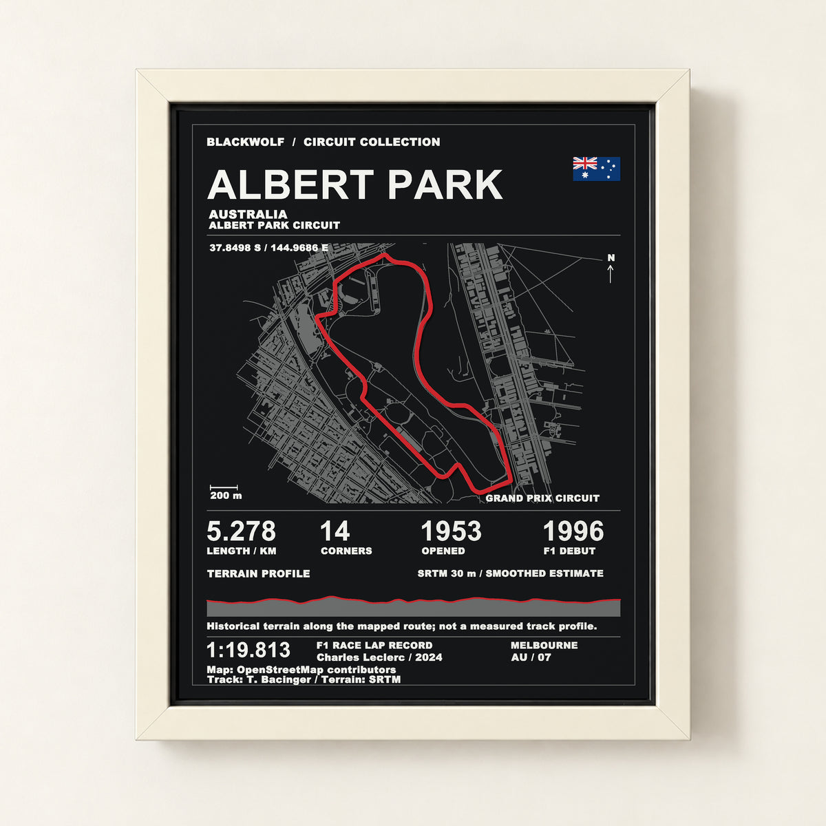 Albert Park 8 × 10 inch circuit art with White frame, digital product representation