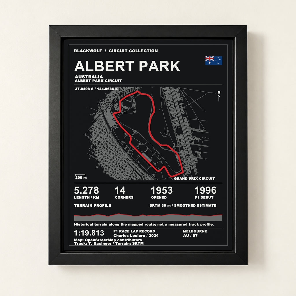 Albert Park 8 × 10 inch circuit art with Black frame, digital product representation