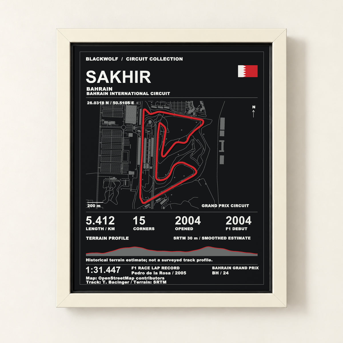 Bahrain Grand Prix circuit art, Sakhir, in a White frame. Digital product visualization.