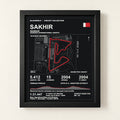 Bahrain Grand Prix circuit art, Sakhir, in a Black frame. Digital product visualization.
