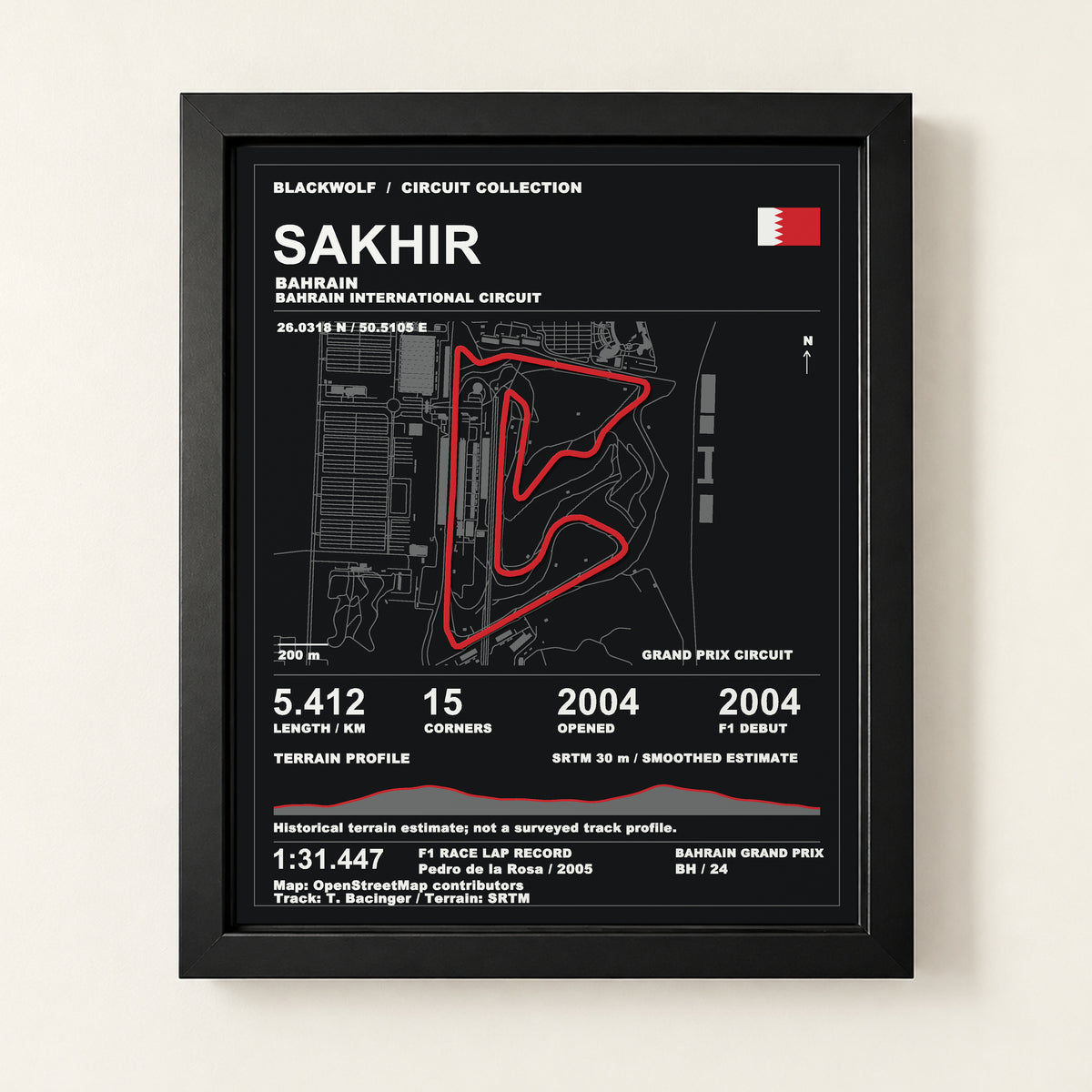 Bahrain Grand Prix circuit art, Sakhir, in a Black frame. Digital product visualization.
