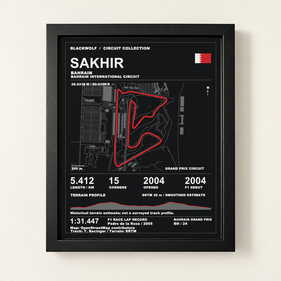 Bahrain Grand Prix circuit art, Sakhir, in a Black frame. Digital product visualization.