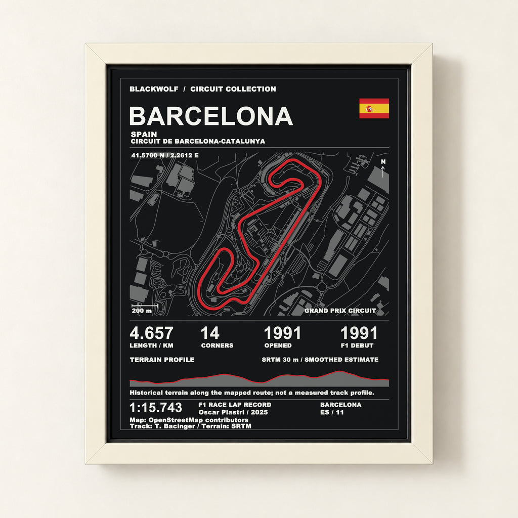 Barcelona 8 × 10 inch circuit art with White frame, digital product representation