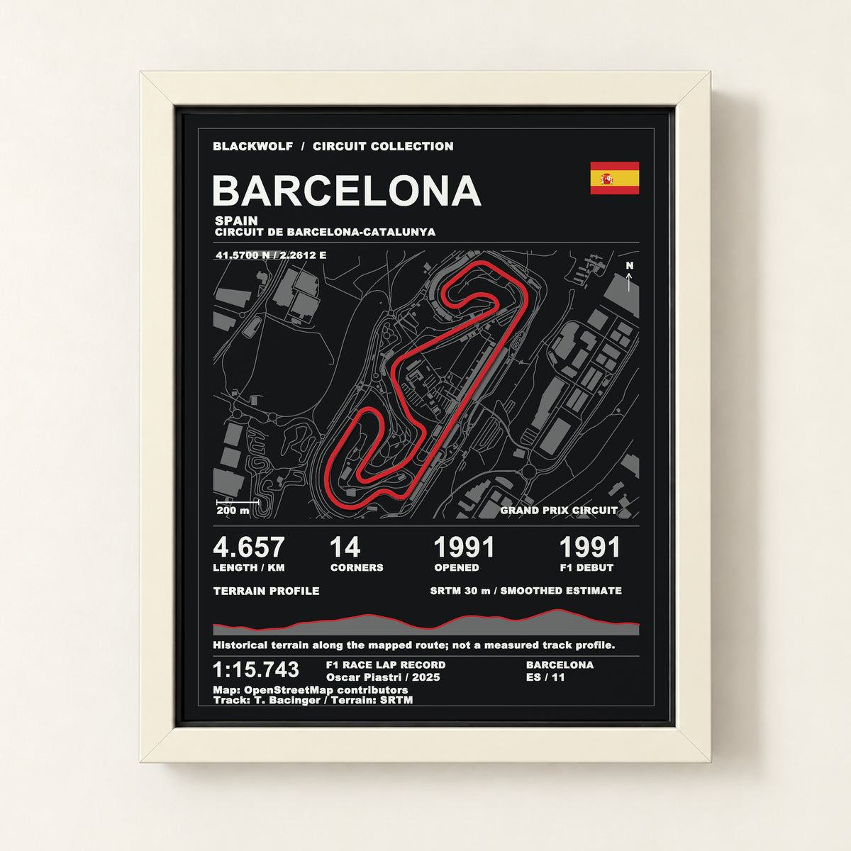 Barcelona 8 × 10 inch circuit art with White frame, digital product representation