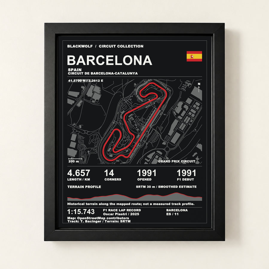 Barcelona 8 × 10 inch circuit art with Black frame, digital product representation