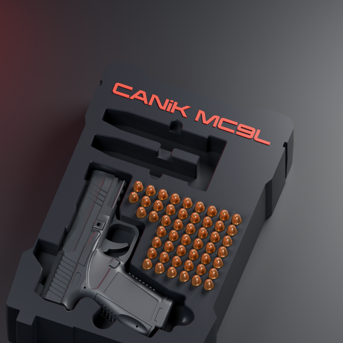 Close-up design render of the CANIK MC9L insert with red lettering and 9 mm cartridge positions.