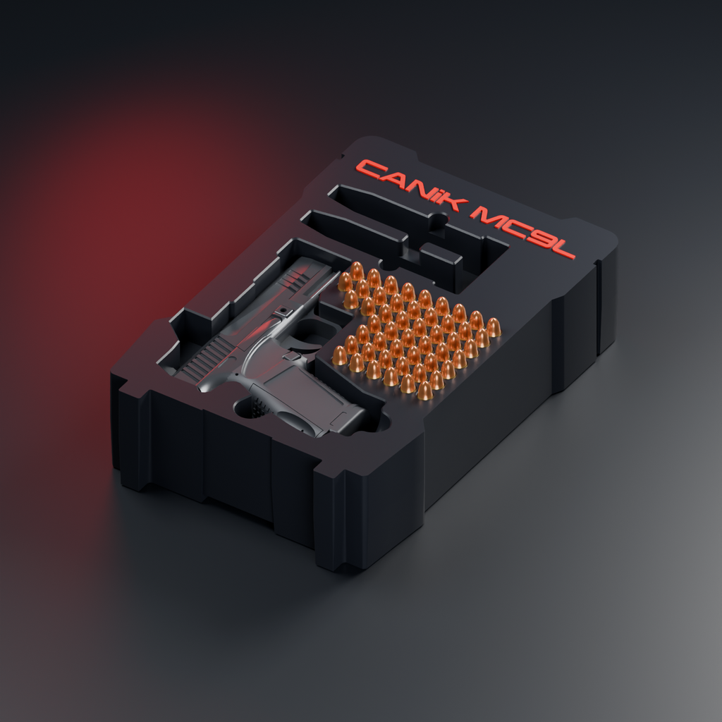 Design render showing a CANIK MC9L and 9 mm cartridges placed in the BLACKWOLF upper insert. Firearm and ammunition are not included.