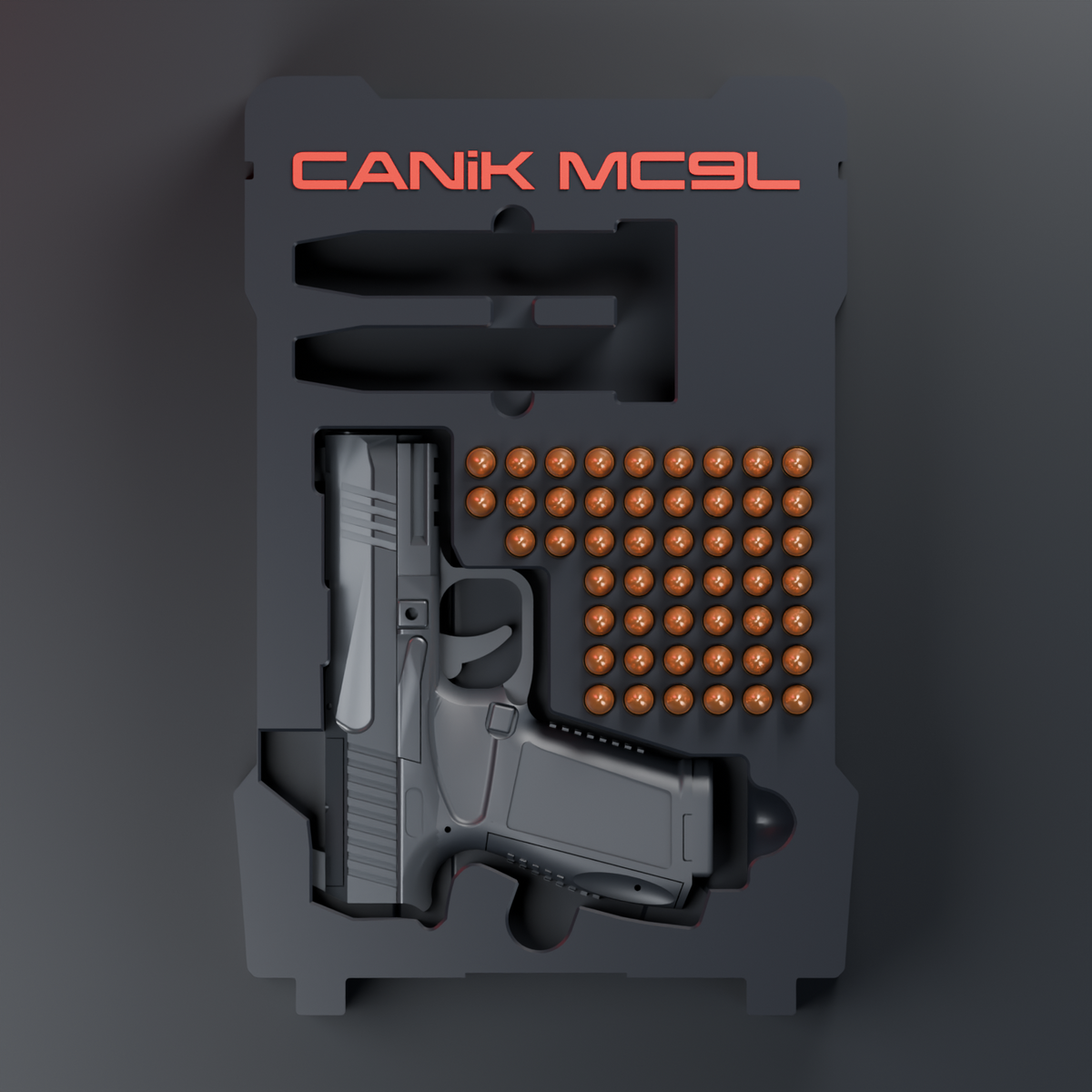 Top-view design render of the CANIK MC9L cavity and 50 upper cartridge positions in the BLACKWOLF insert.