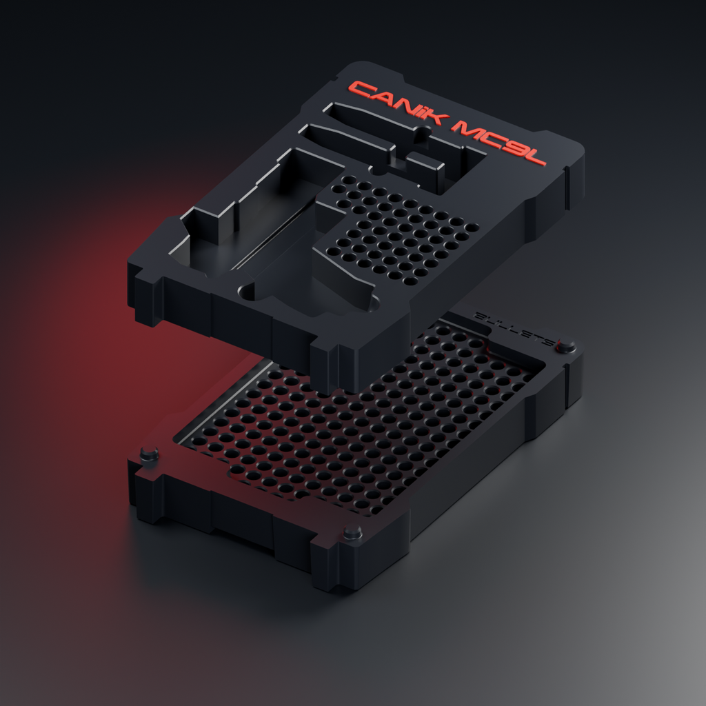 Design render of the BLACKWOLF two-piece insert separated to show the upper insert and lower tray with 200 cartridge positions.