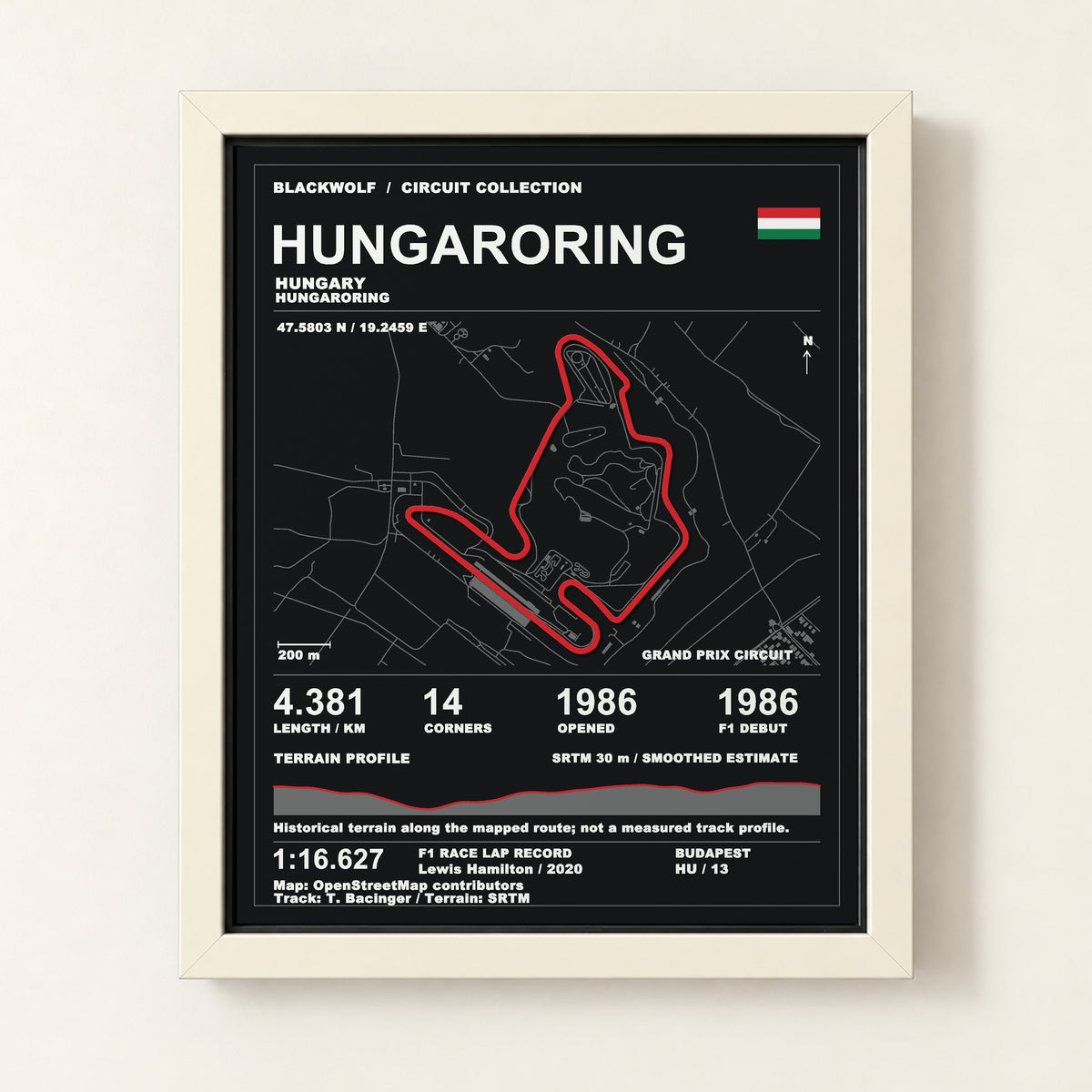 Hungaroring 8 × 10 inch circuit art with White frame, digital product representation