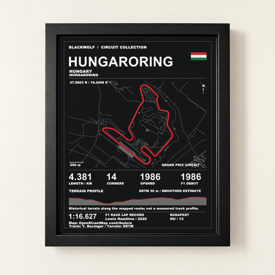 Hungaroring 8 × 10 inch circuit art with Black frame, digital product representation