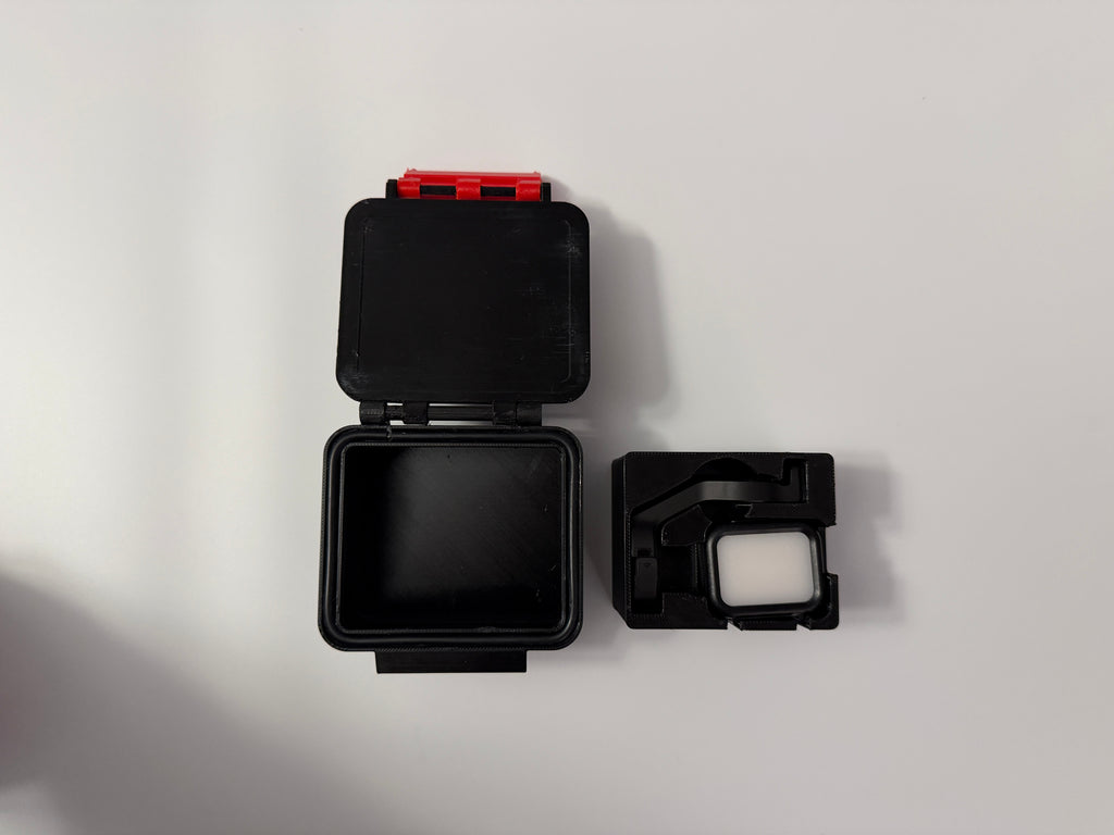 Open carrying case beside its removable insert holding a fill light and folded bracket; light and bracket are shown for demonstration only and are not included.