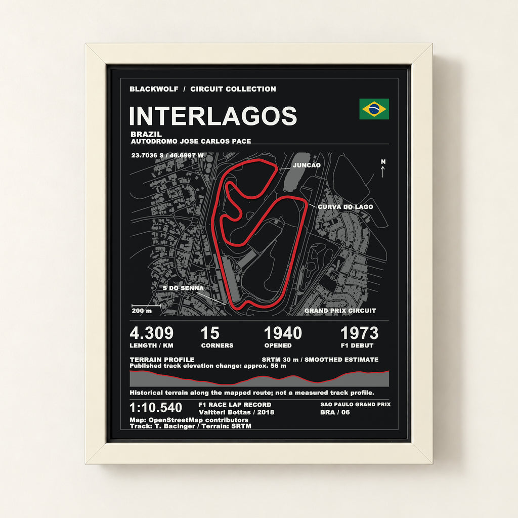 Interlagos 8 × 10 inch circuit art with White frame, digital product representation