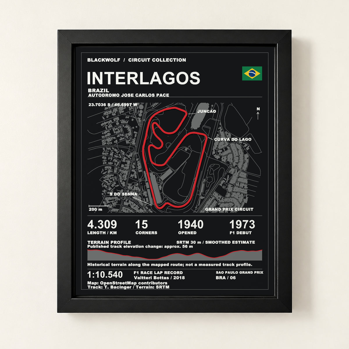 Interlagos 8 × 10 inch circuit art with Black frame, digital product representation