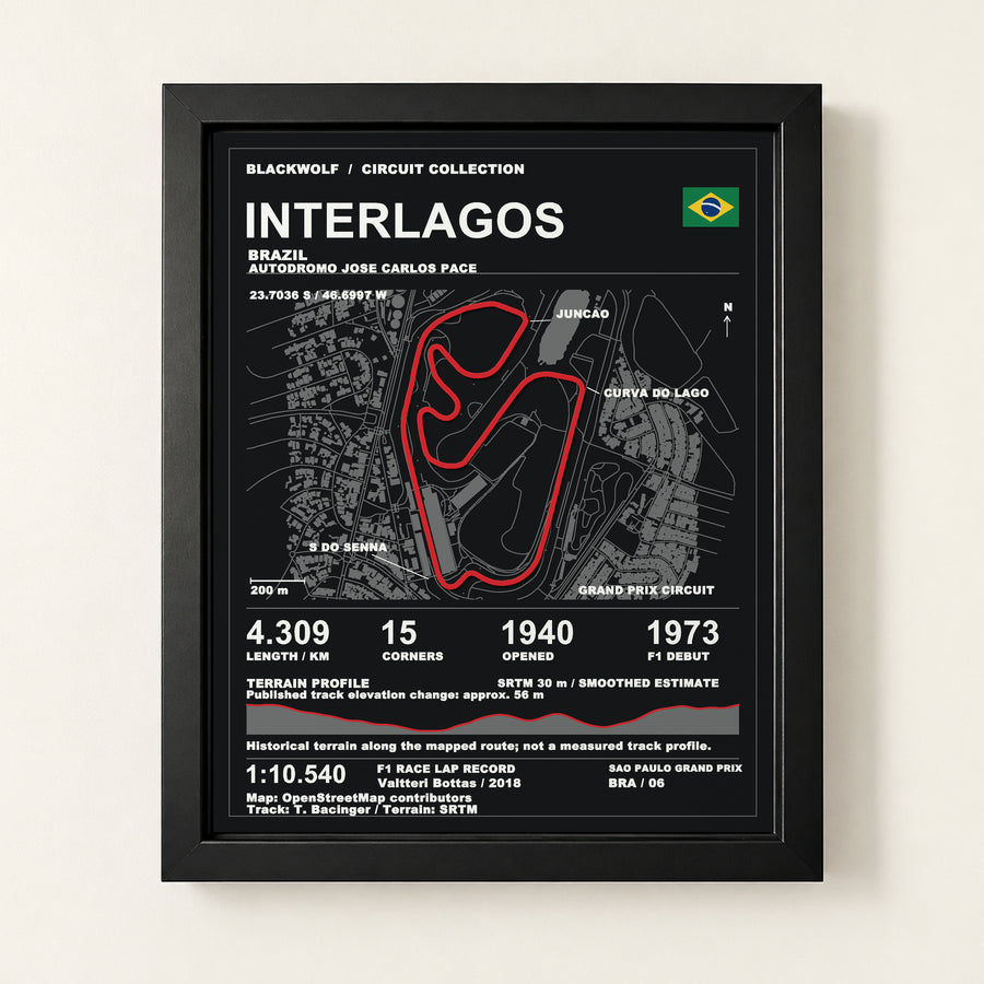 Interlagos 8 × 10 inch circuit art with Black frame, digital product representation