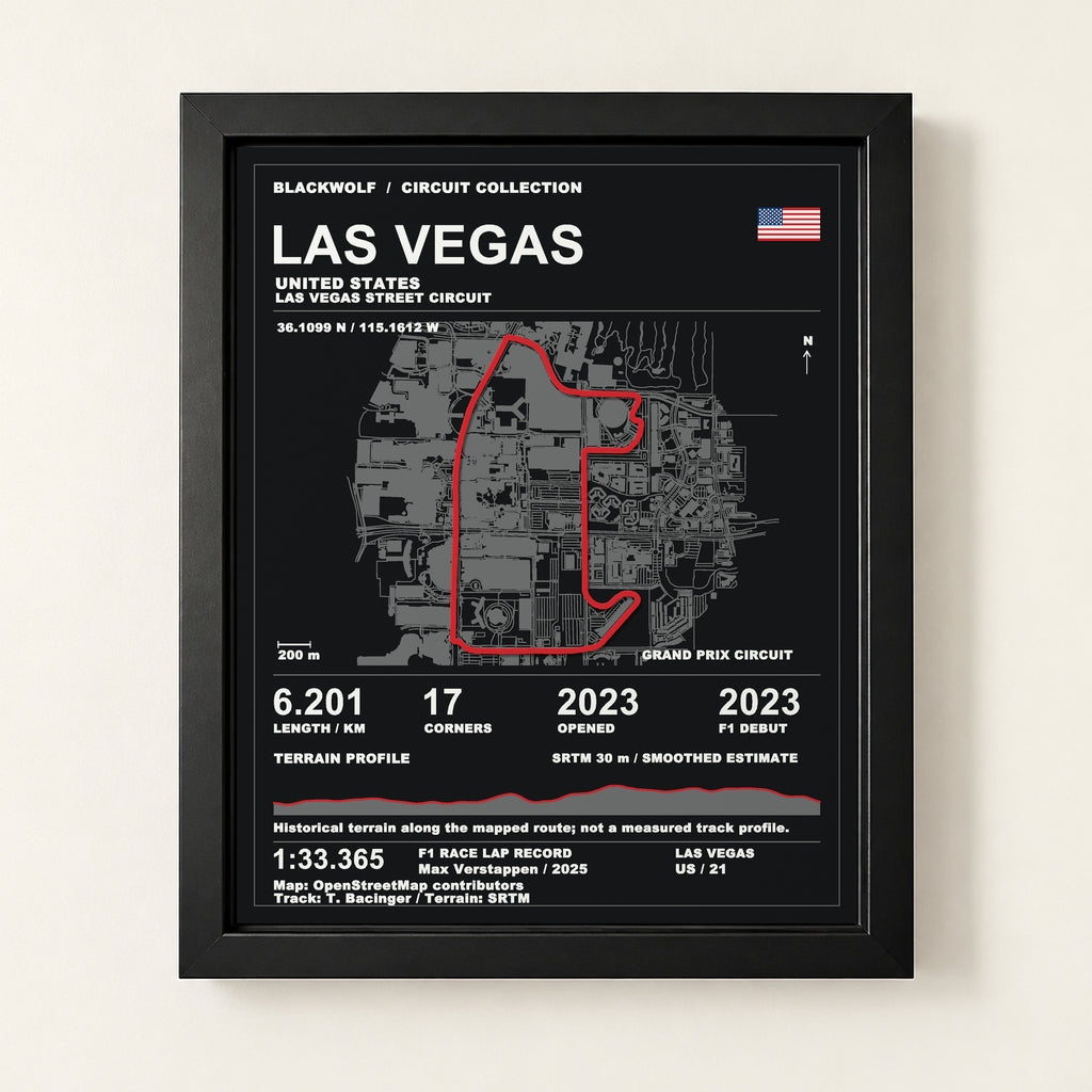 Las Vegas 8 × 10 inch circuit art with Black frame, digital product representation