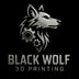 Black Wolf 3D Printing logo: silver wolf and gears on black