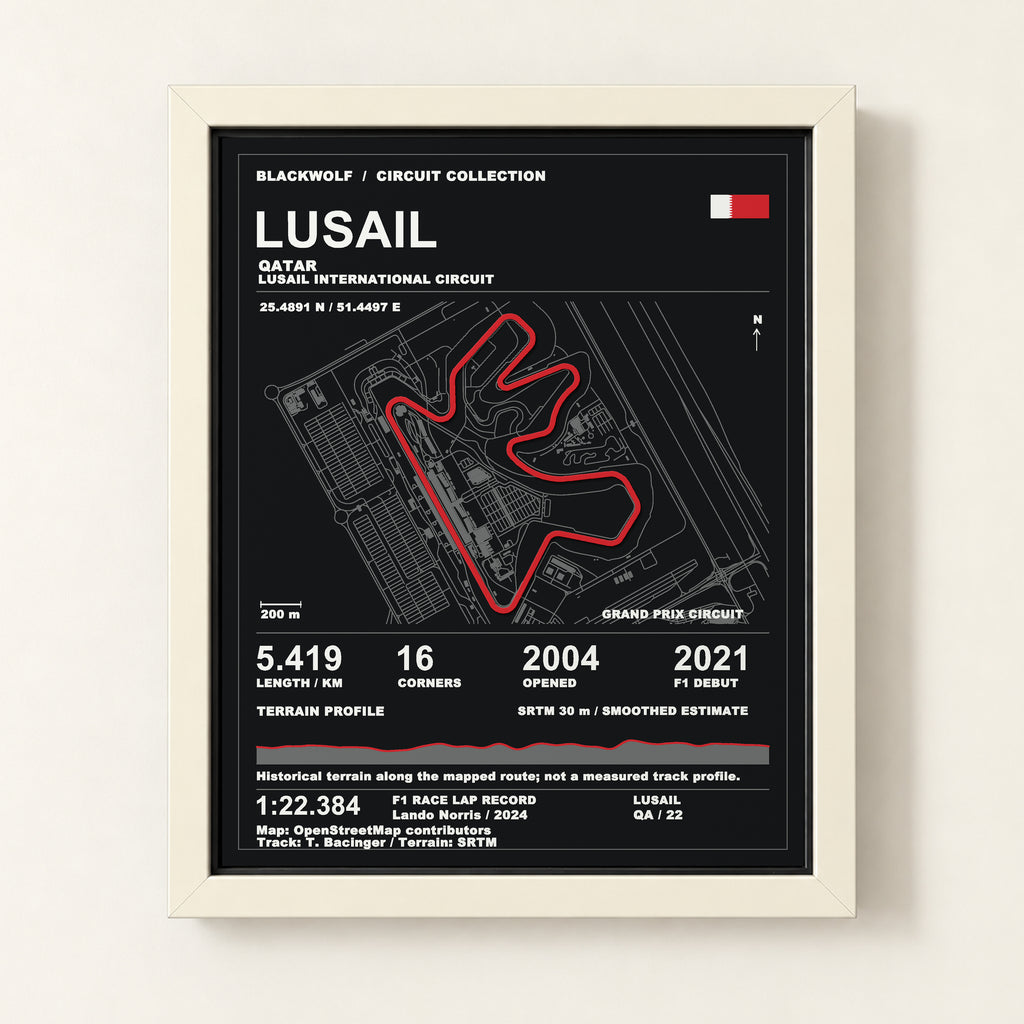 Lusail 8 × 10 inch circuit art with White frame, digital product representation