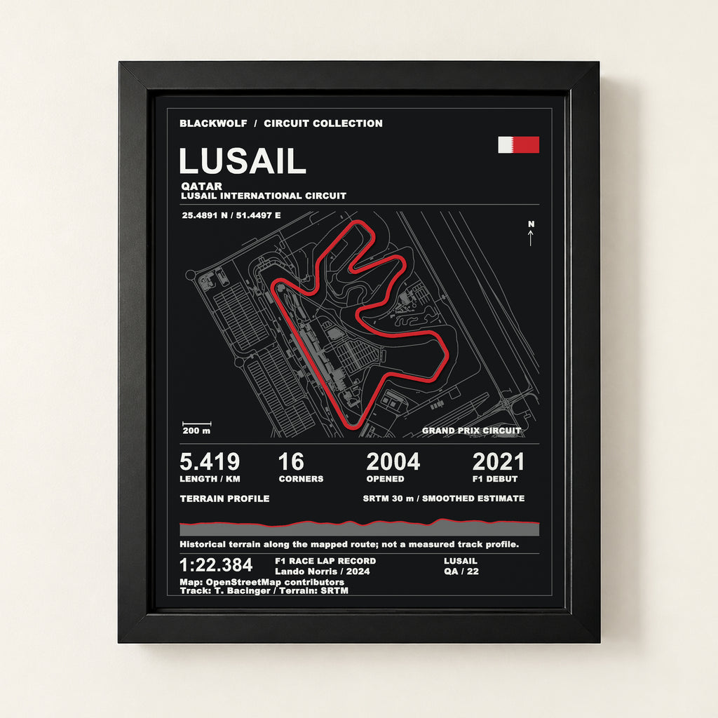 Lusail 8 × 10 inch circuit art with Black frame, digital product representation