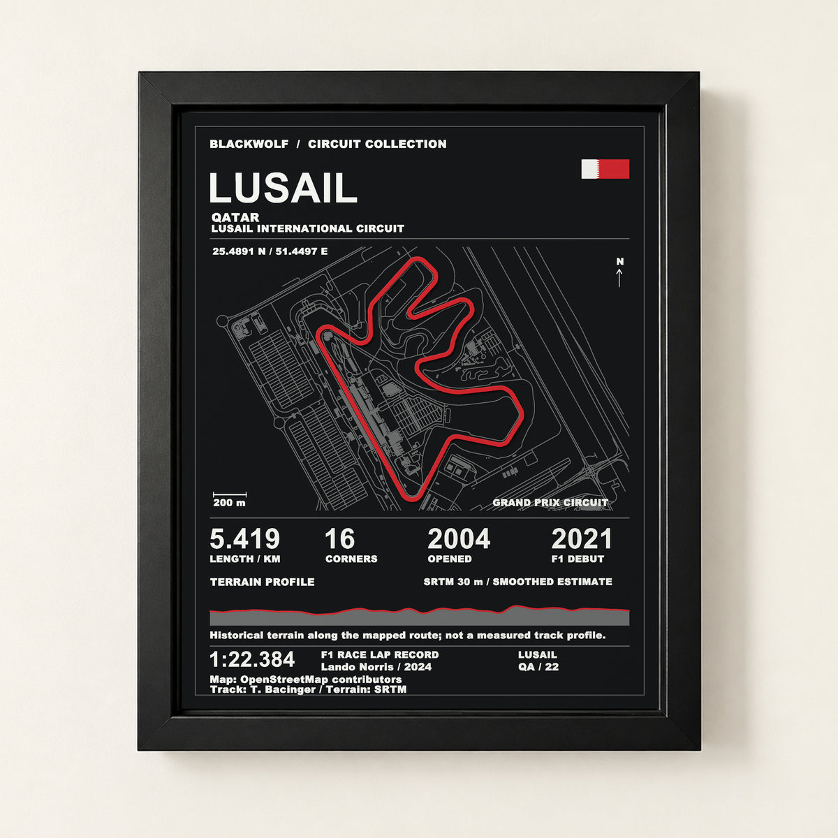 Lusail 8 × 10 inch circuit art with Black frame, digital product representation