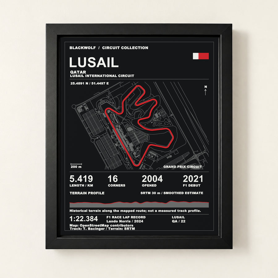Lusail 8 × 10 inch circuit art with Black frame, digital product representation