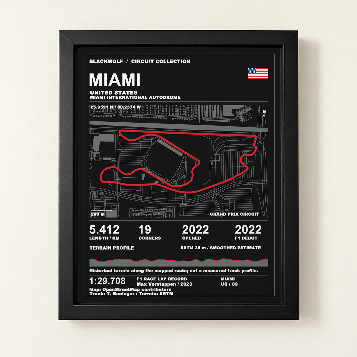 Miami 8 × 10 inch circuit art with Black frame, digital product representation