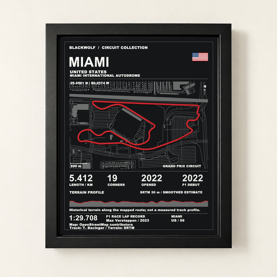 Miami 8 × 10 inch circuit art with Black frame, digital product representation