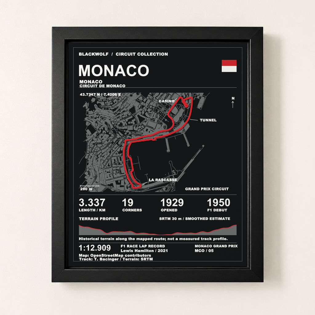 Monaco 8 × 10 inch circuit art with Black frame, digital product representation