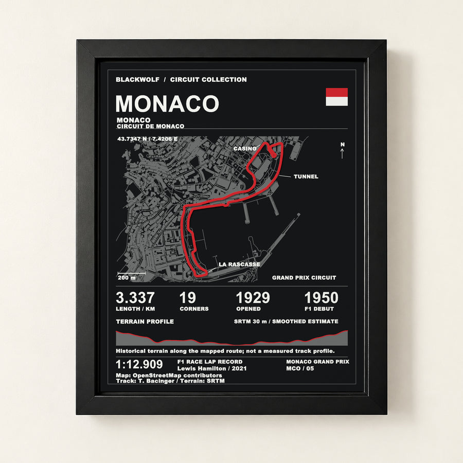 Monaco 8 × 10 inch circuit art with Black frame, digital product representation