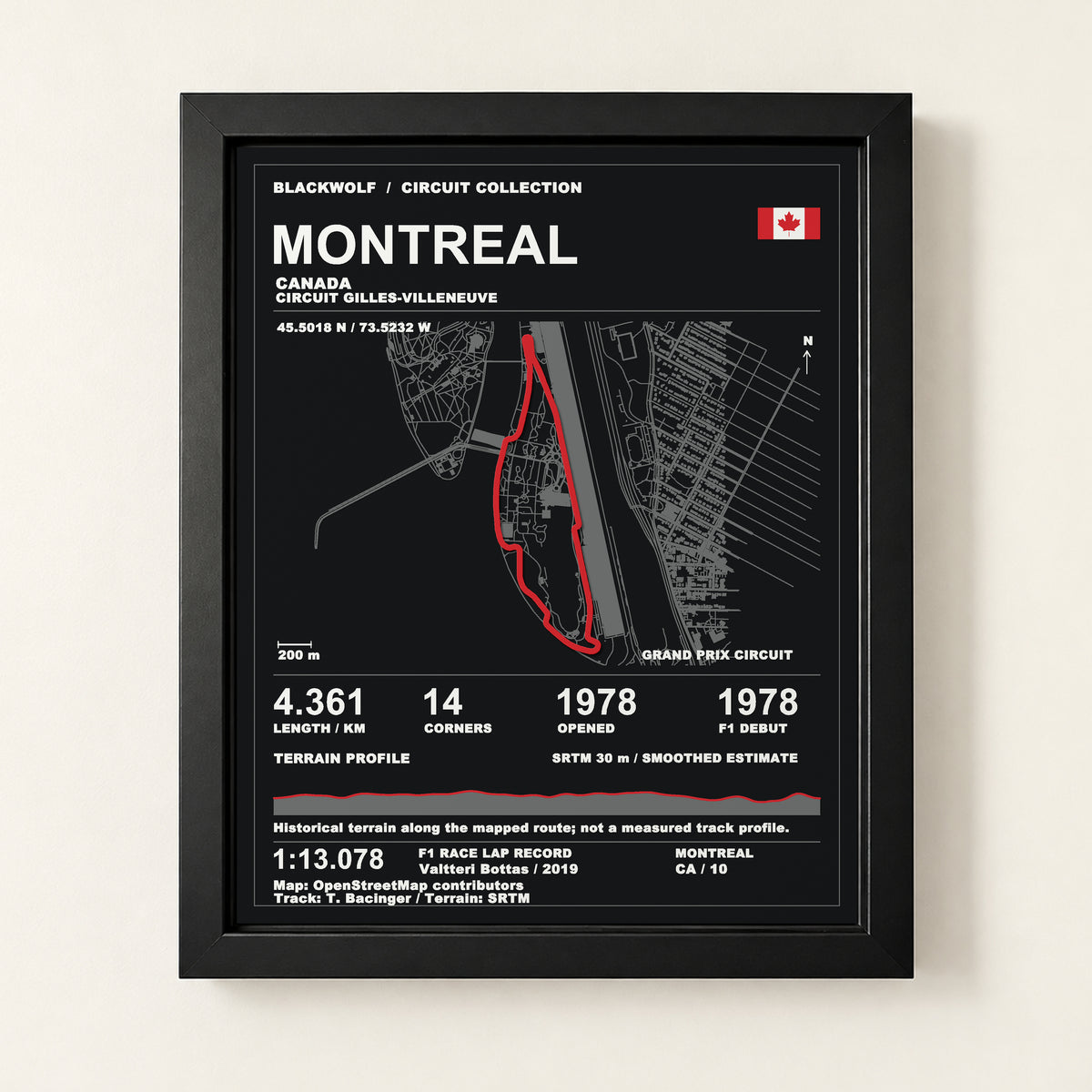 Montreal 8 × 10 inch circuit art with Black frame, digital product representation