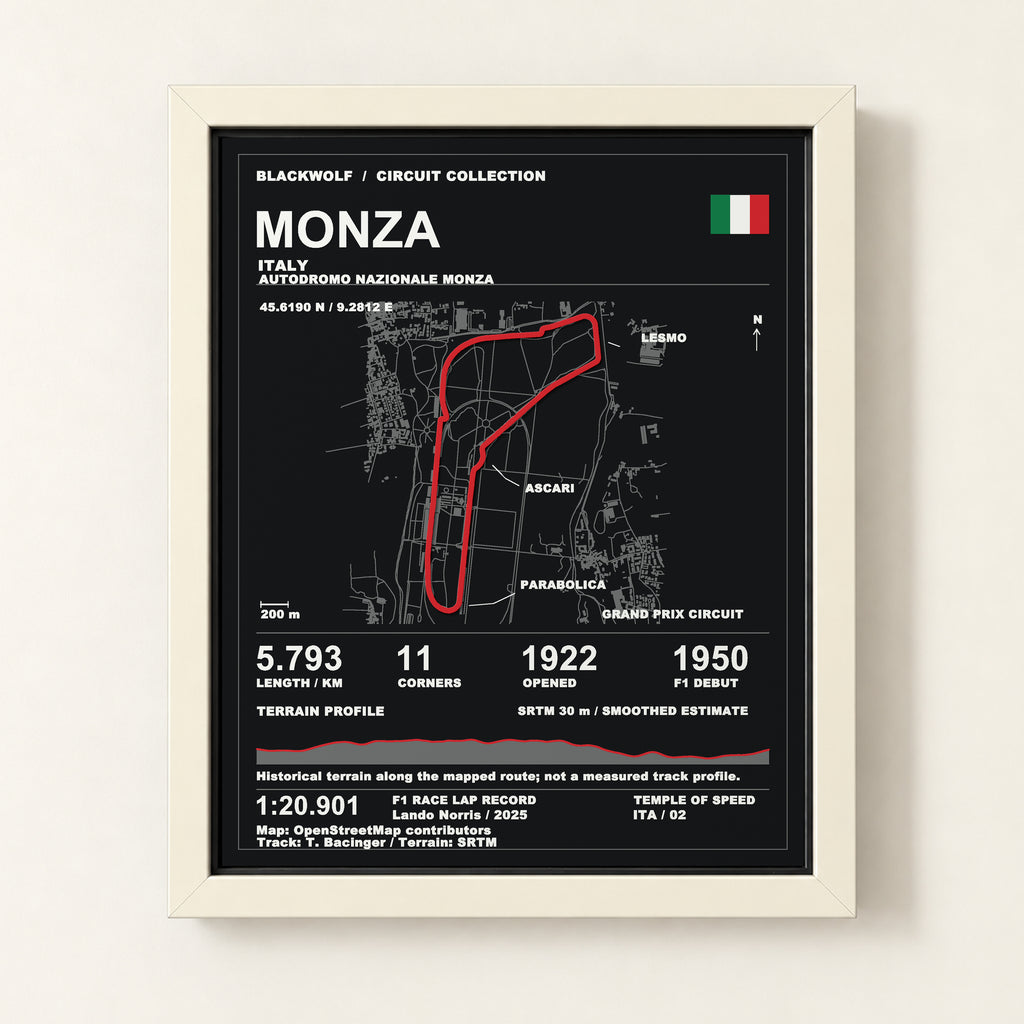 Monza 8 × 10 inch circuit art with White frame, digital product representation