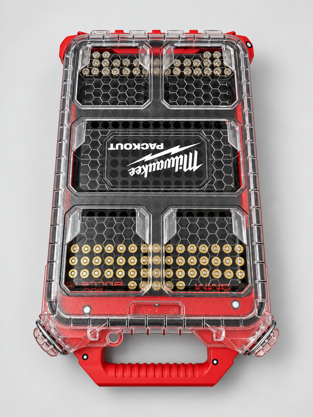 Top view of the closed Milwaukee PACKOUT with BlackWolf 9 mm insert; retouched product photo.