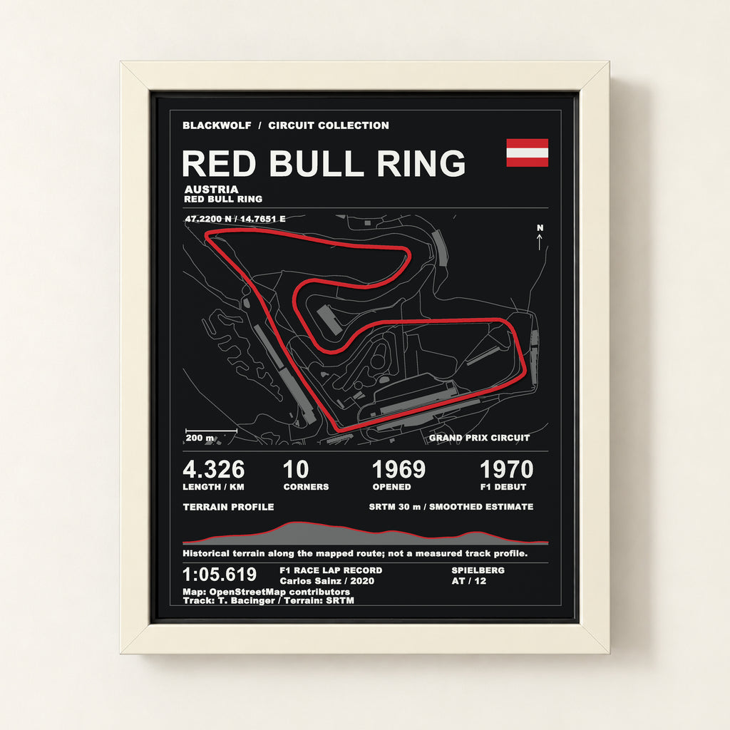 Red Bull Ring 8 × 10 inch circuit art with White frame, digital product representation