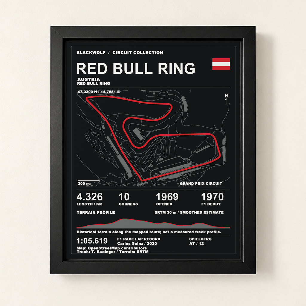 Red Bull Ring 8 × 10 inch circuit art with Black frame, digital product representation