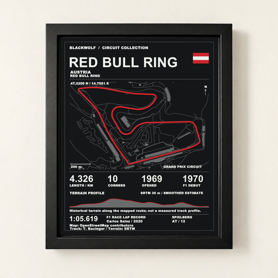 Red Bull Ring 8 × 10 inch circuit art with Black frame, digital product representation