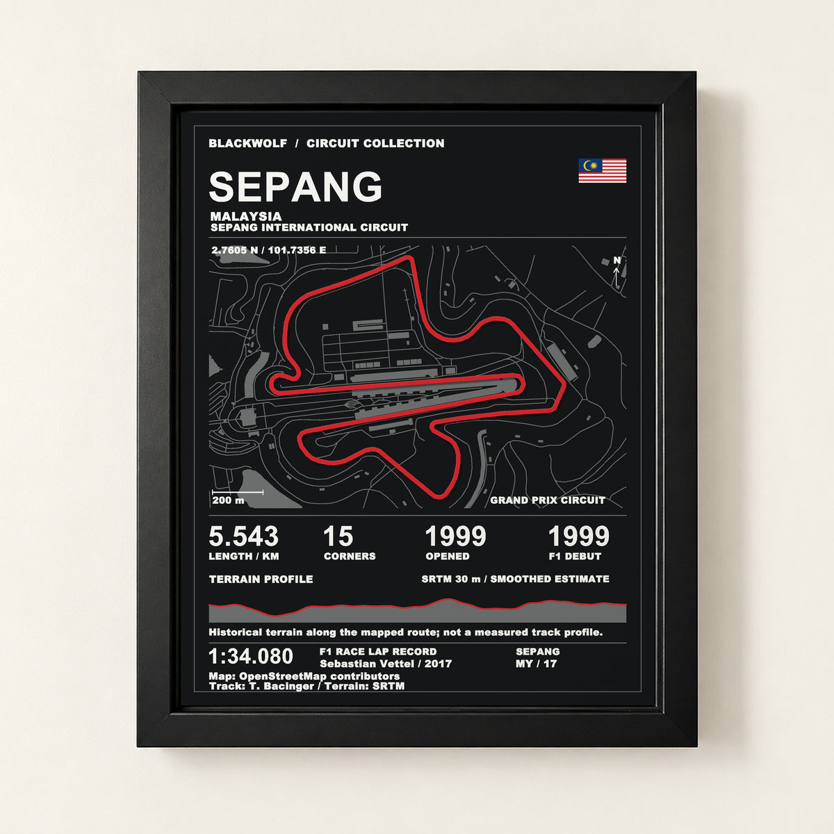 Sepang 8 × 10 inch circuit art with Black frame, digital product representation