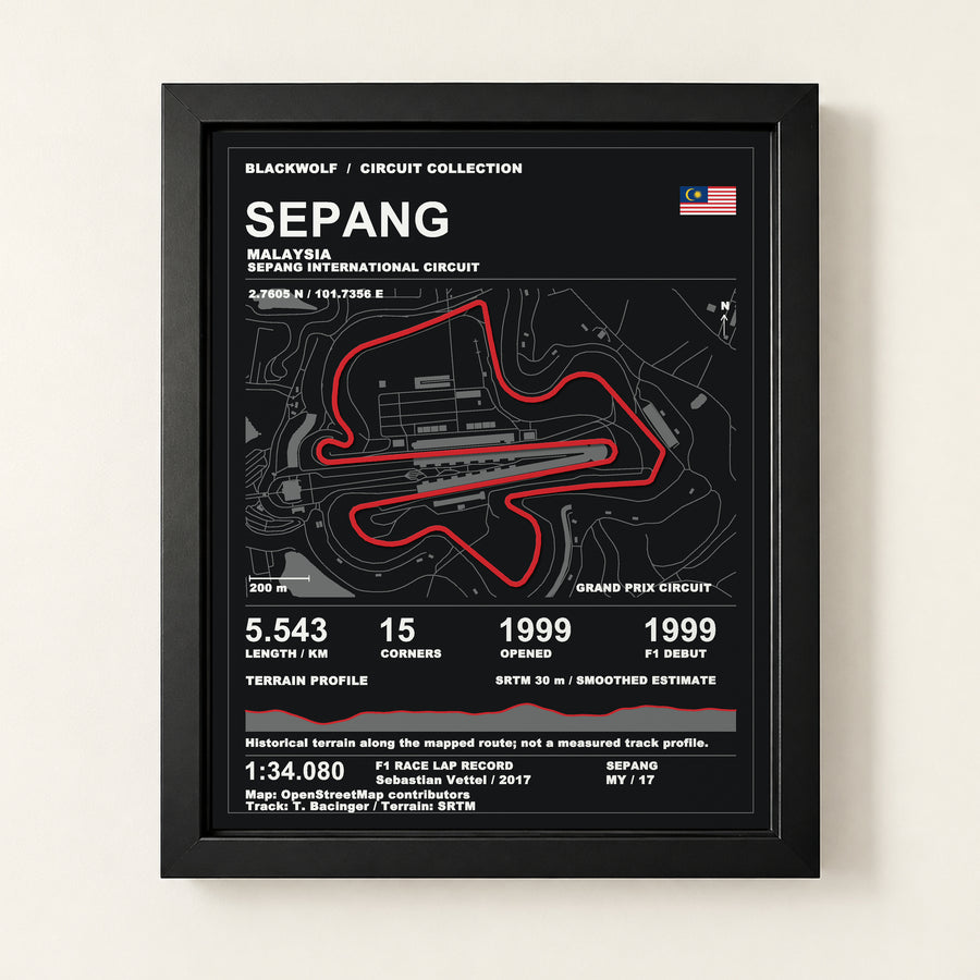 Sepang 8 × 10 inch circuit art with Black frame, digital product representation