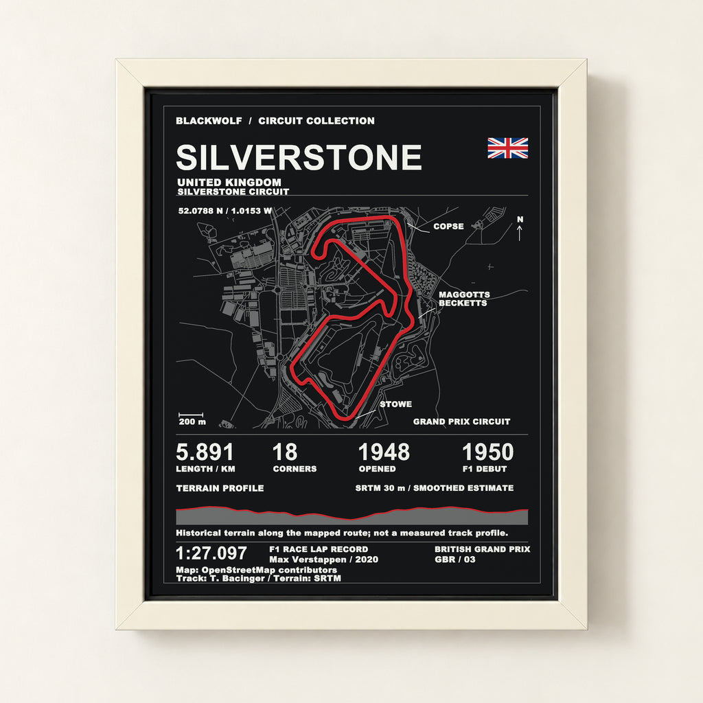 Silverstone 8 × 10 inch circuit art with White frame, digital product representation