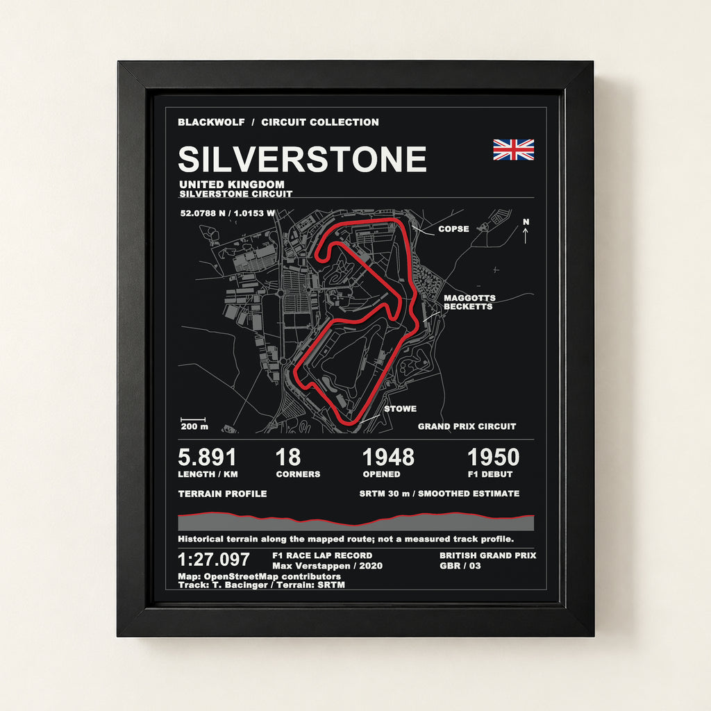 Silverstone 8 × 10 inch circuit art with Black frame, digital product representation