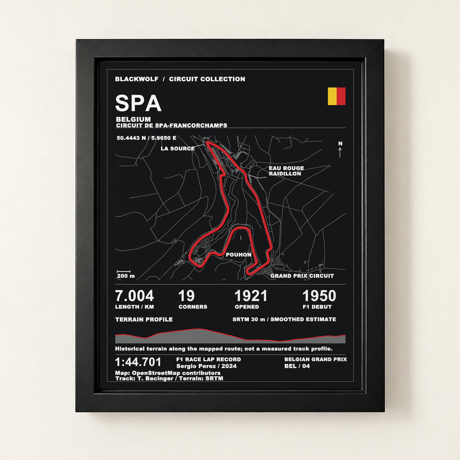 Spa 8 × 10 inch circuit art with Black frame, digital product representation