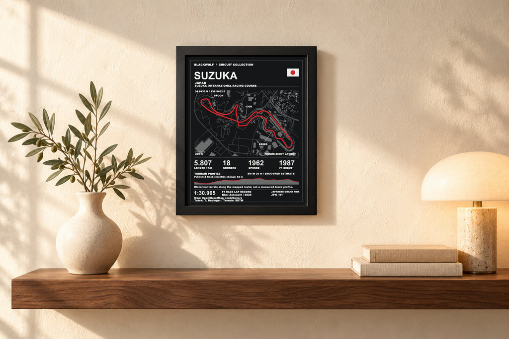 Digital representation of framed Suzuka circuit art above a walnut shelf