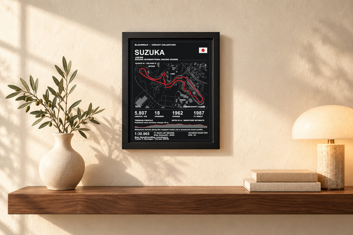 Digital representation of framed Suzuka circuit art above a walnut shelf