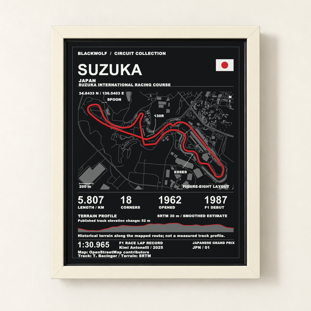 Suzuka 8 × 10 inch circuit art with White frame, digital product representation