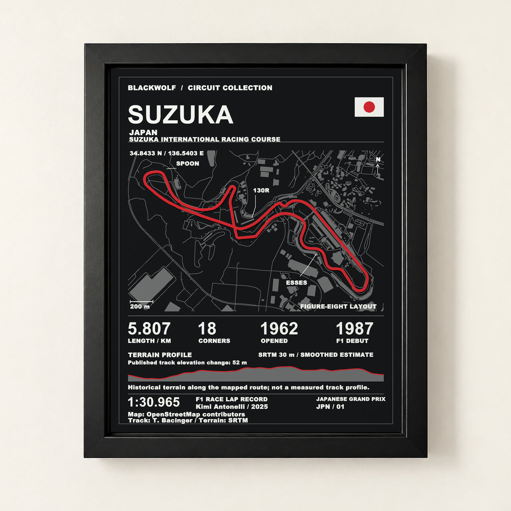 Suzuka 8 × 10 inch circuit art with Black frame, digital product representation