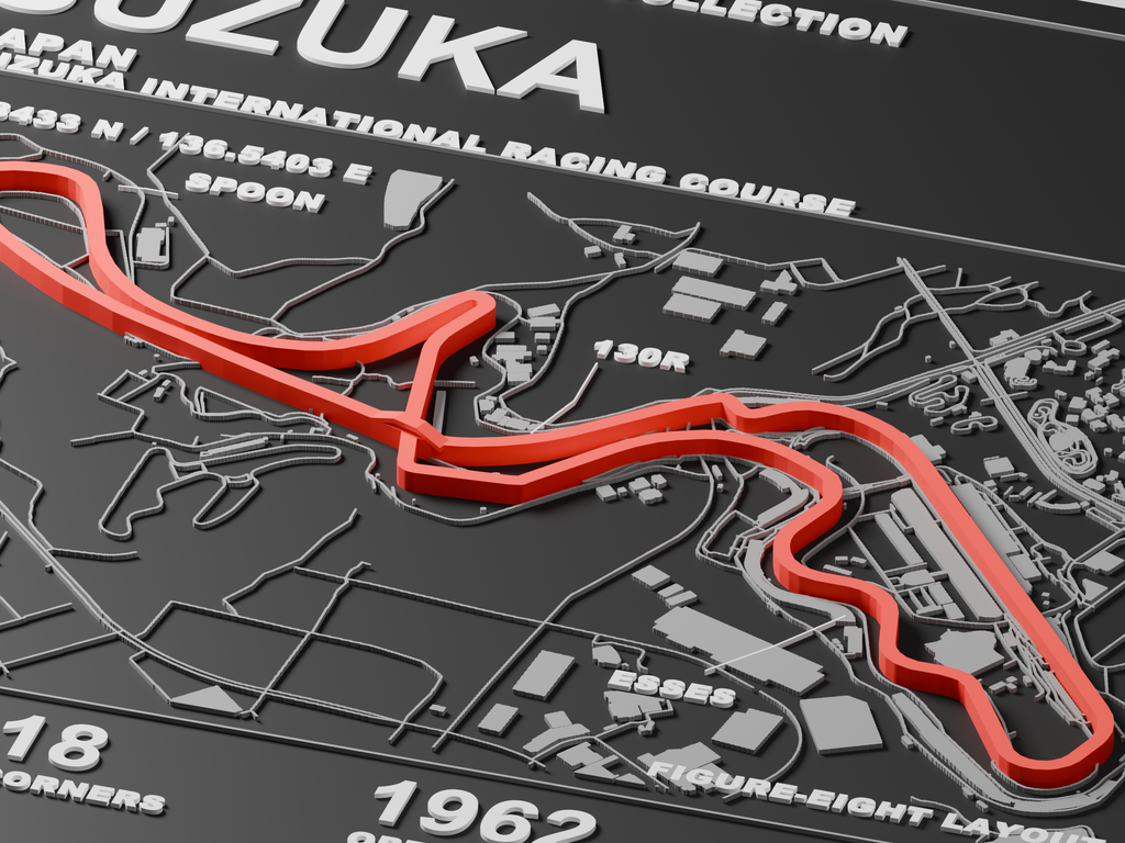 Digital render of the actual Suzuka 3MF model, close-up of raised red track, lettering and map relief; not a photograph of a physical print.
