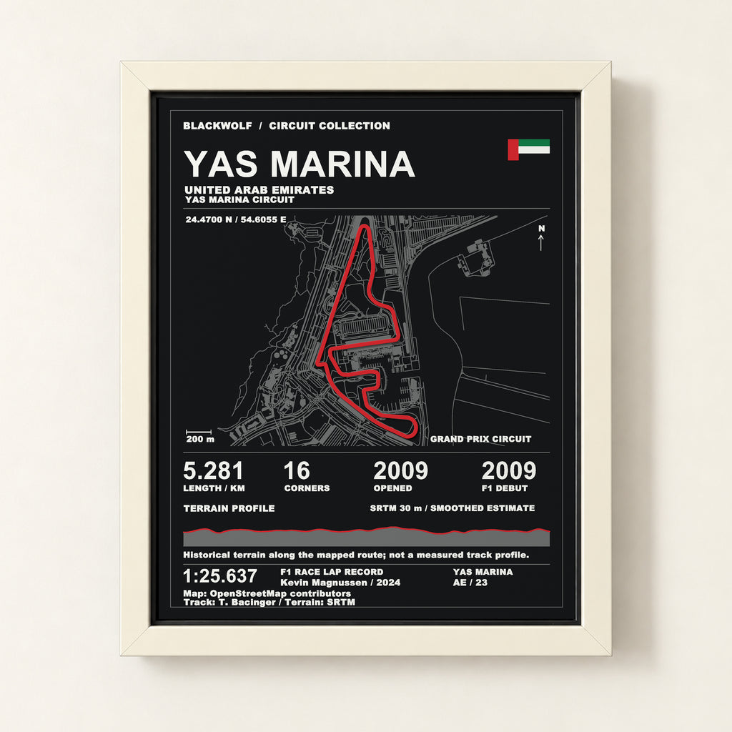 Yas Marina 8 × 10 inch circuit art with White frame, digital product representation