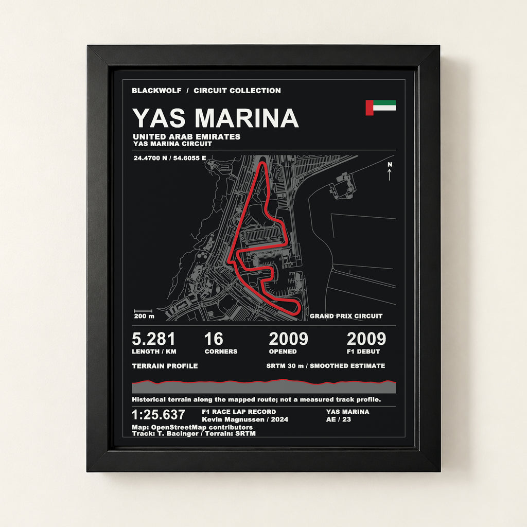 Yas Marina 8 × 10 inch circuit art with Black frame, digital product representation